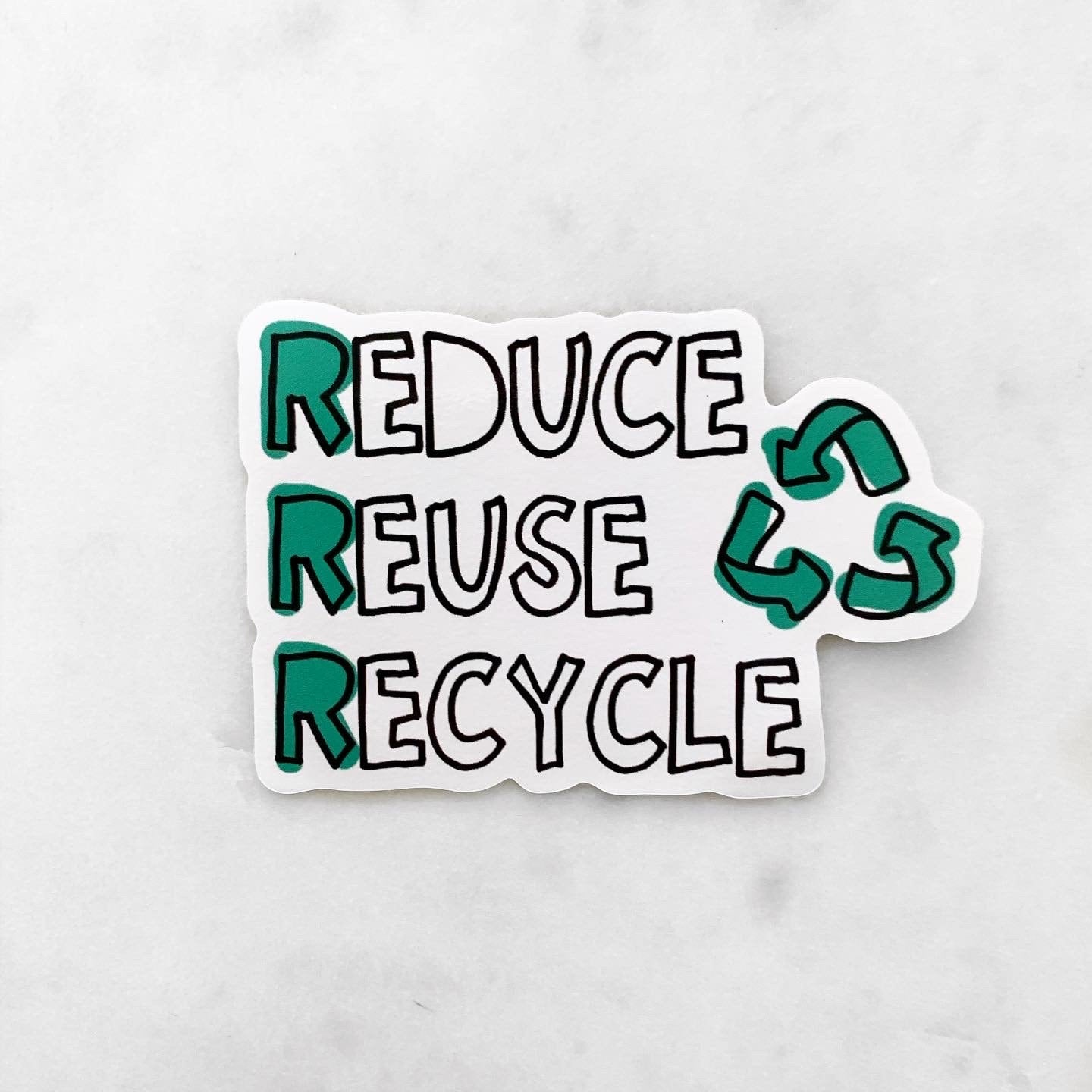 Sticker with 'Reduce Reuse Recycle' text on a white background