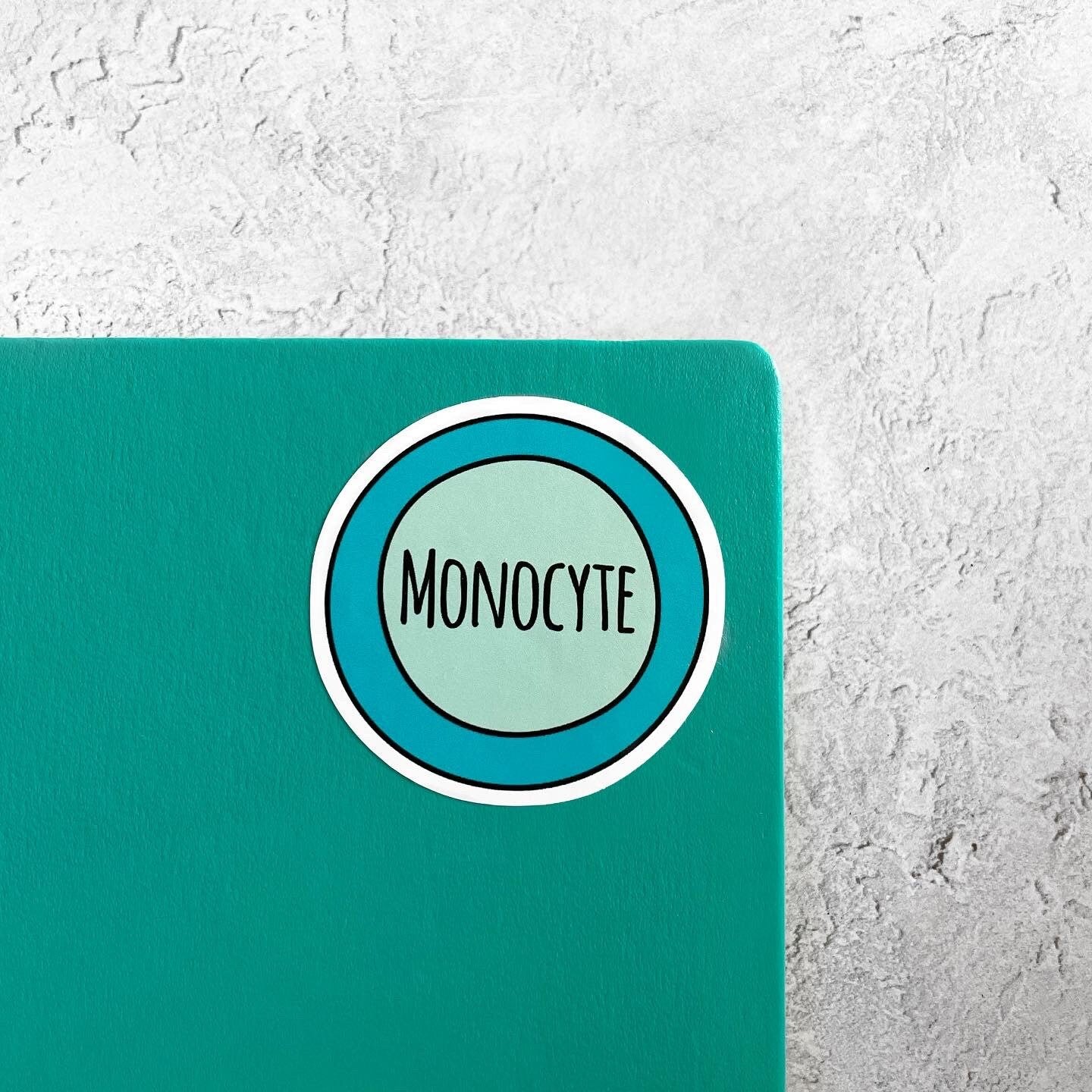 Teal notebook with a 'Monocyte' sticker on a textured gray background