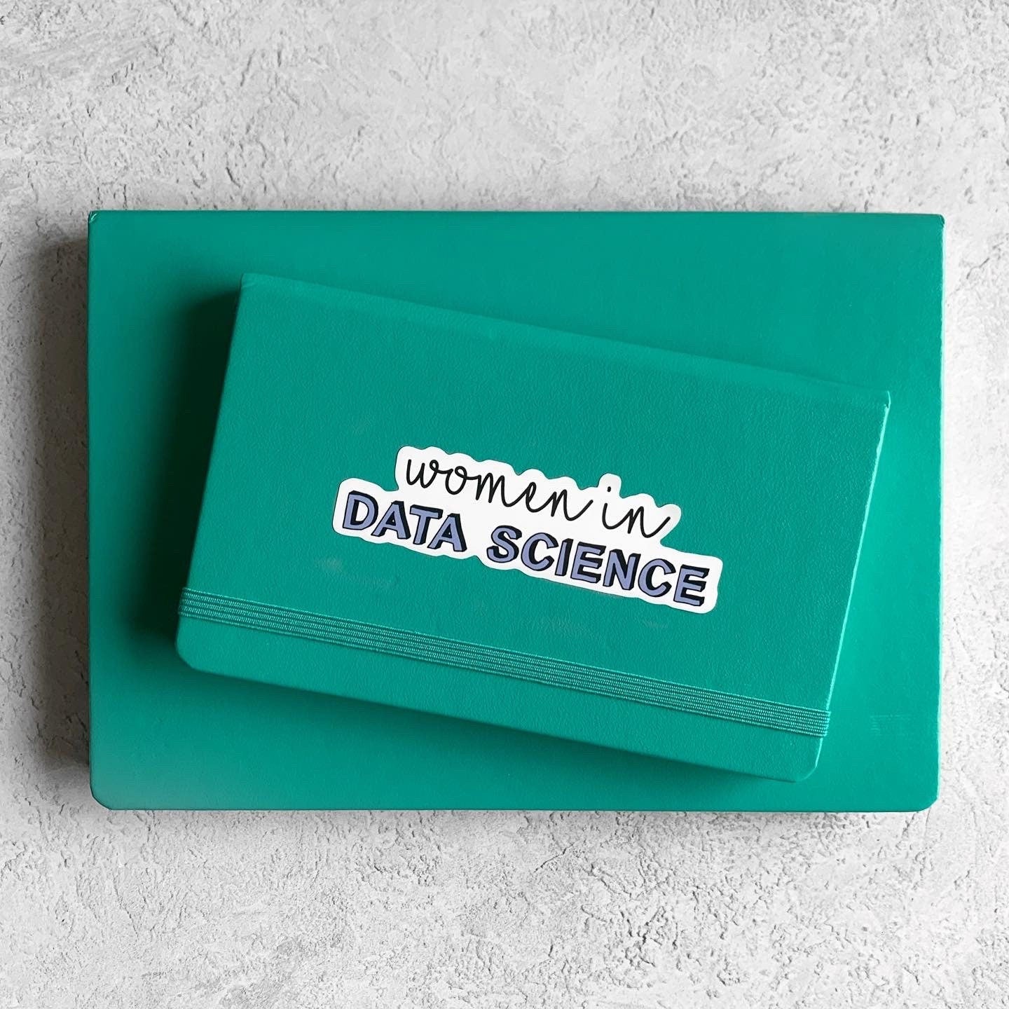 Teal notebook with 'women in DATA SCIENCE' sticker on a light gray background