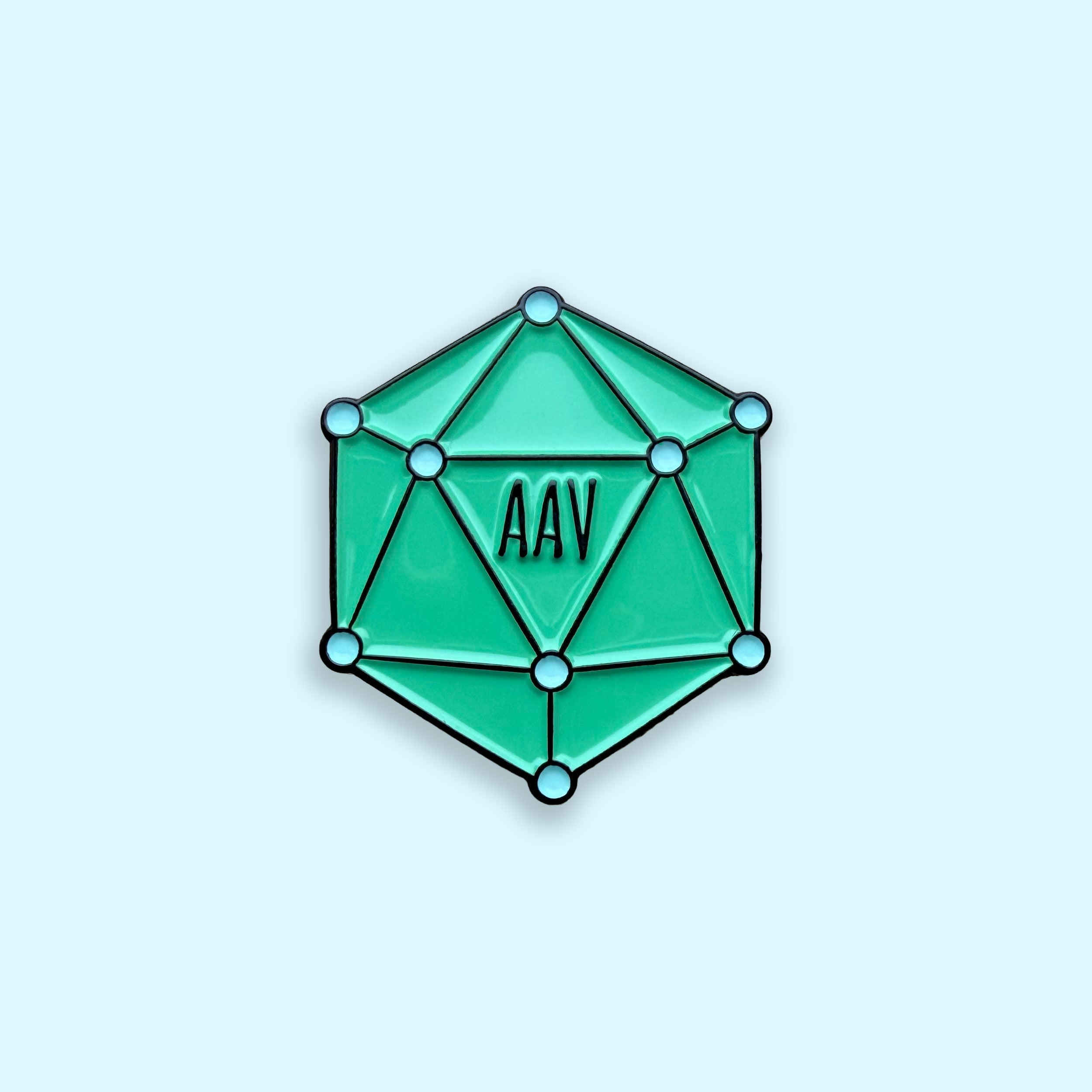 AAV blue and green enamel pin badge on blue background