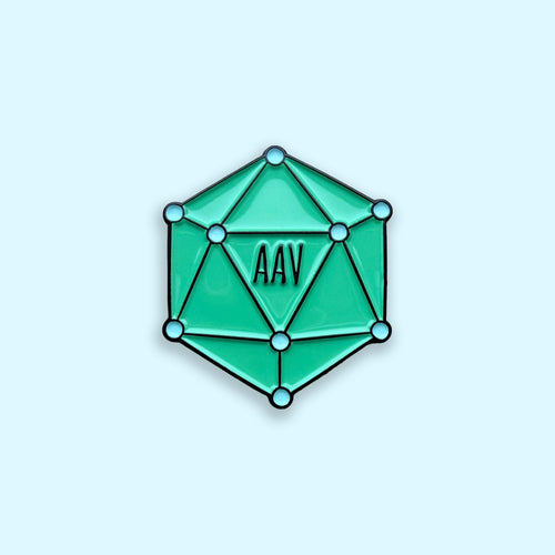 AAV blue and green enamel pin badge on blue background