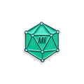 AAV blue and green enamel pin badge on white background