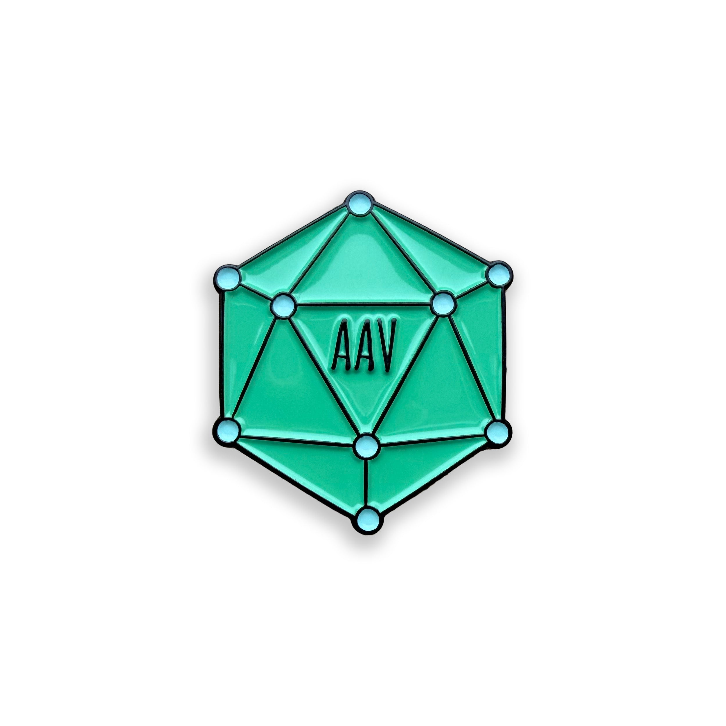 AAV blue and green enamel pin badge on white background