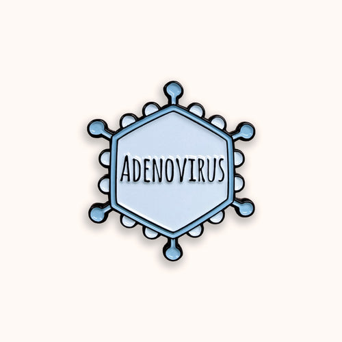 Illustration of an adenovirus particle with 'ADENOVIRUS' text on a white background