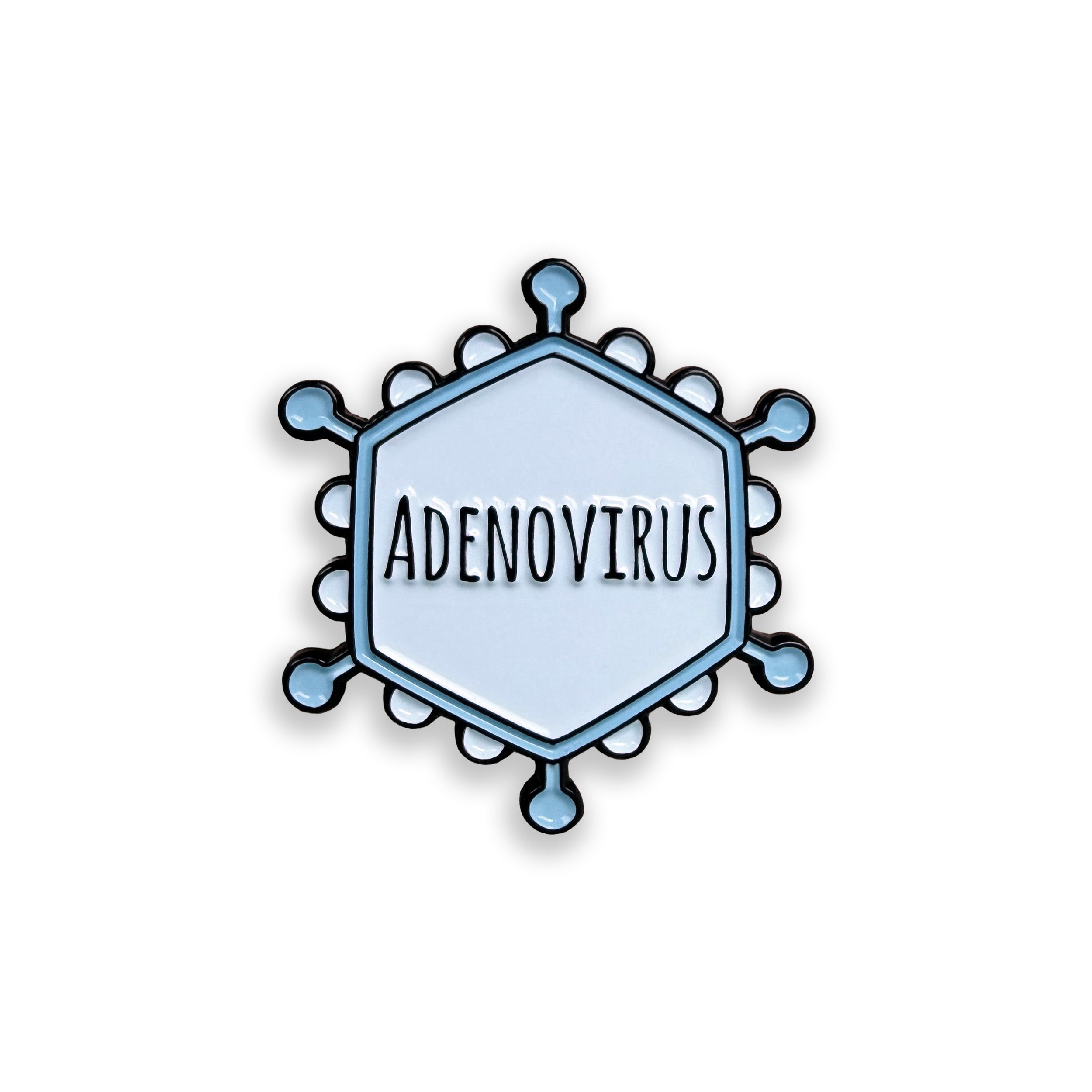 Illustration of an adenovirus with 'ADENOVIRUS' text on a white background