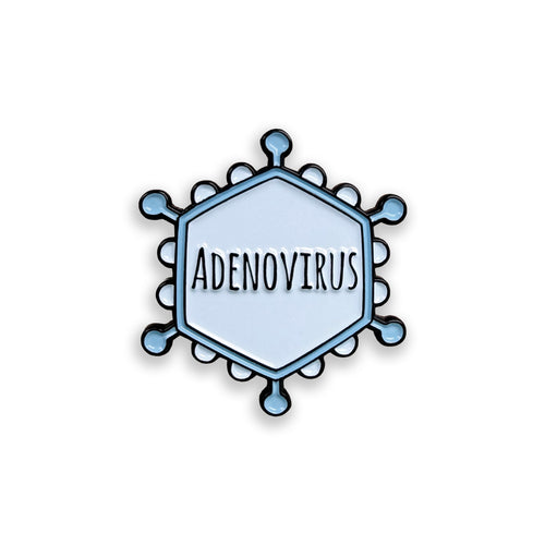 Illustration of an adenovirus with 'ADENOVIRUS' text on a white background