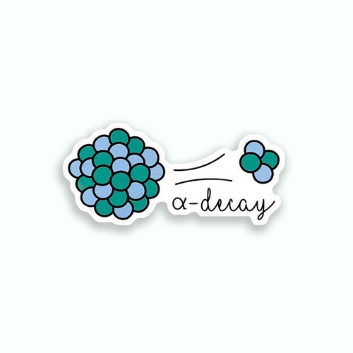 Sticker with a graphic of alpha decay and the word 'alpha decay' on a green background