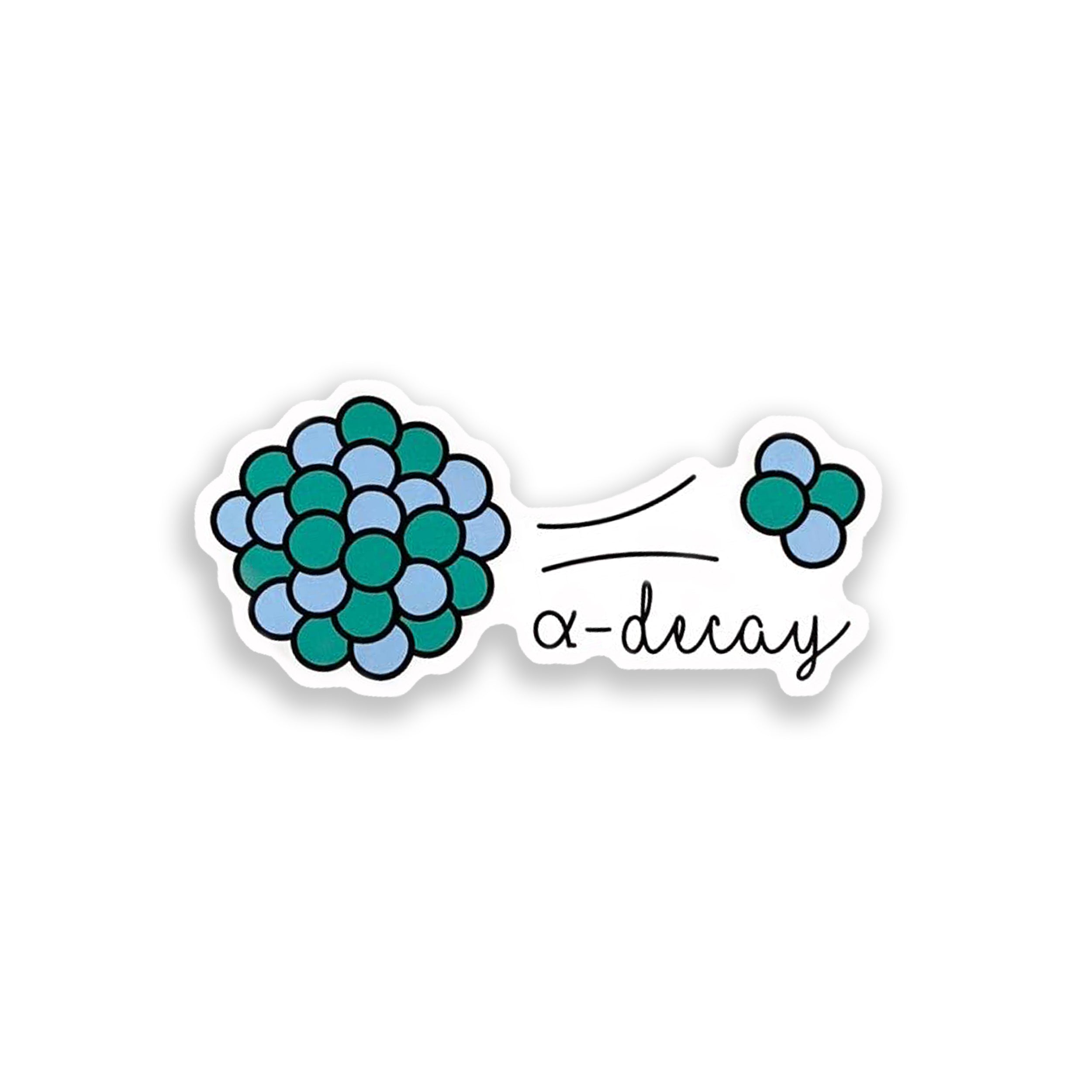 Sticker with a graphic of alpha decay and the word 'alpha decay' on a white background