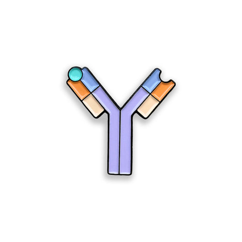 Antibody purple and orange enamel pin badge on white background