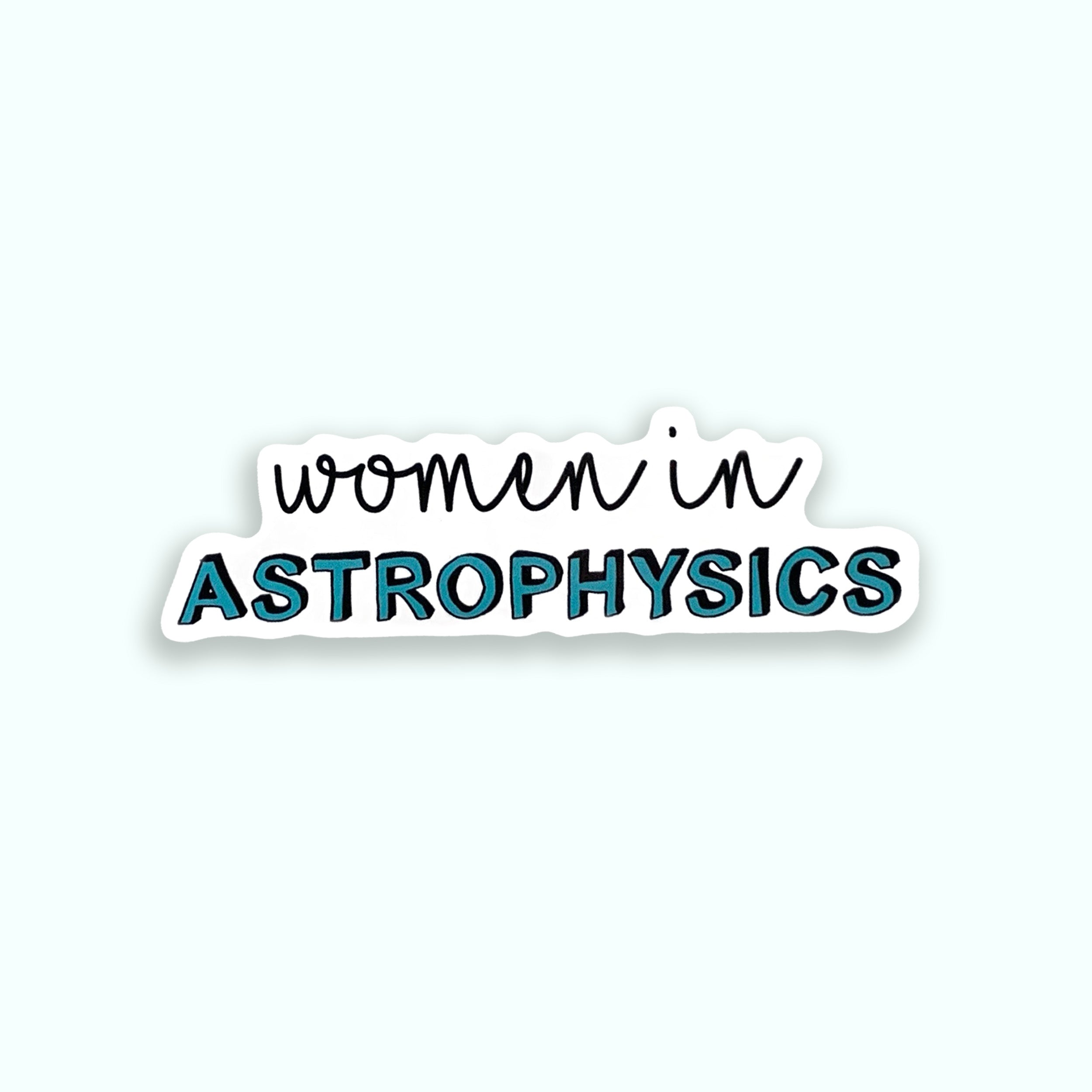 Sticker with 'women in Astrophysics' text on a green background