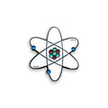 Simplified atomic model with three colored dots on a white background
