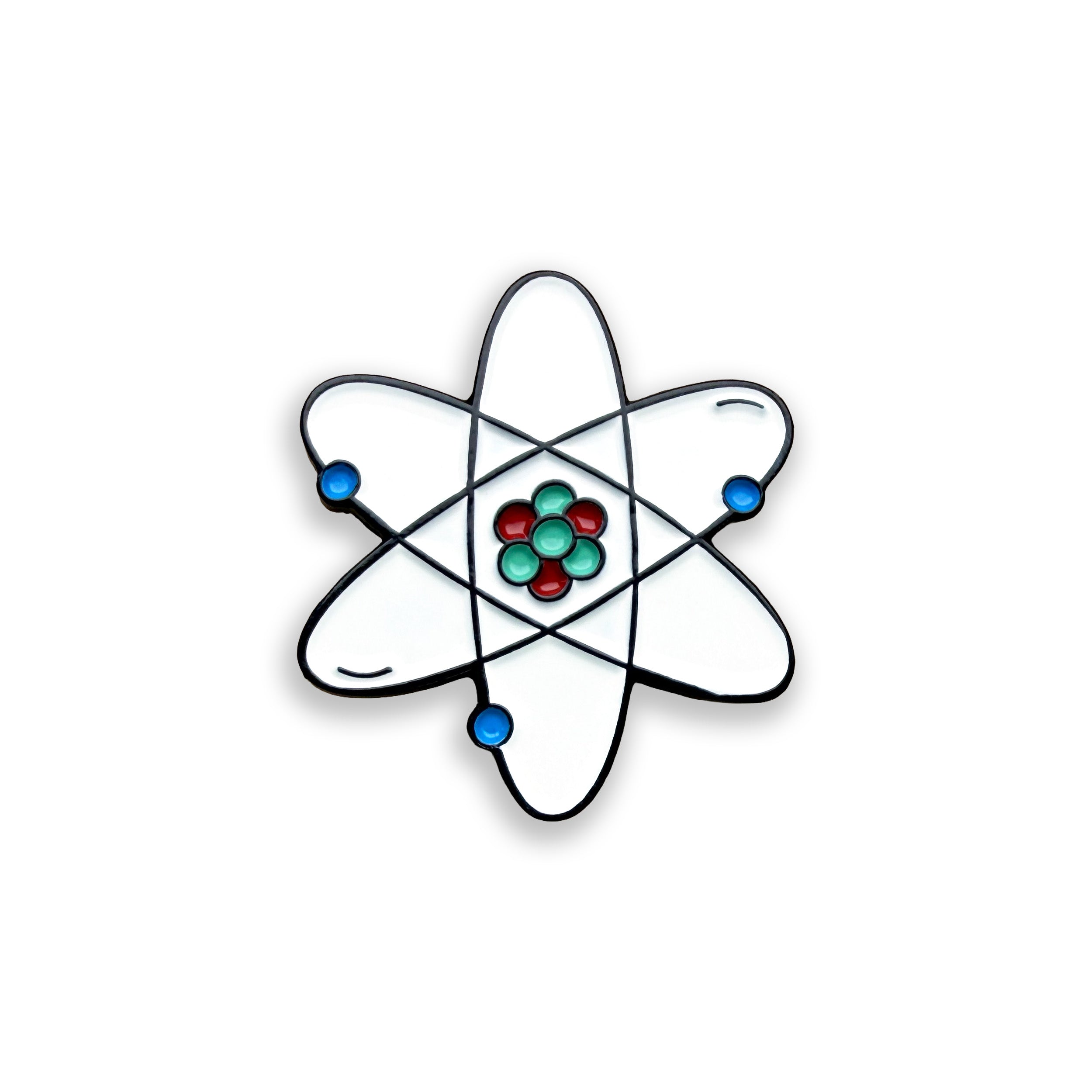 Simplified atomic model with three colored dots on a white background