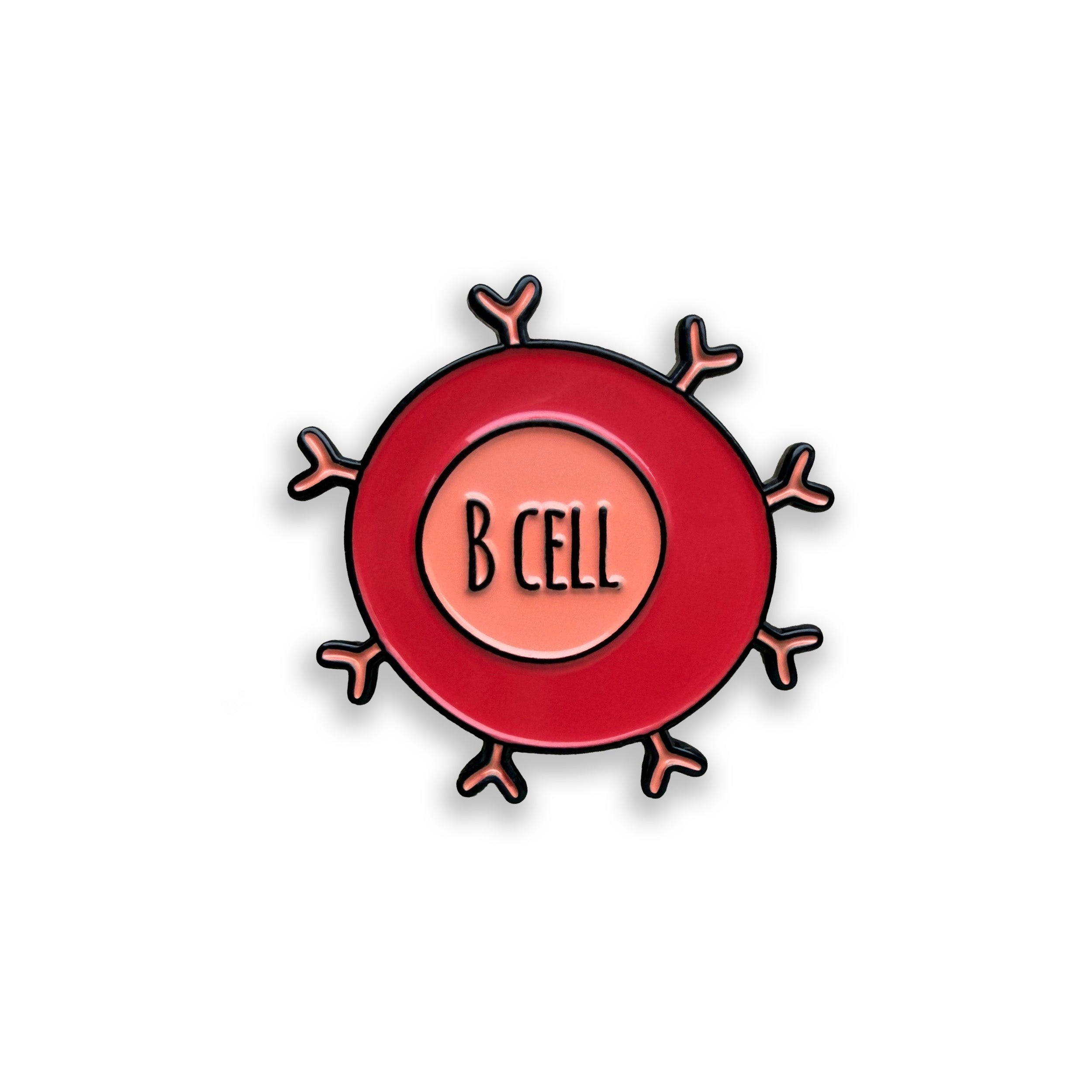 B cell pink enamel pin badge on white background