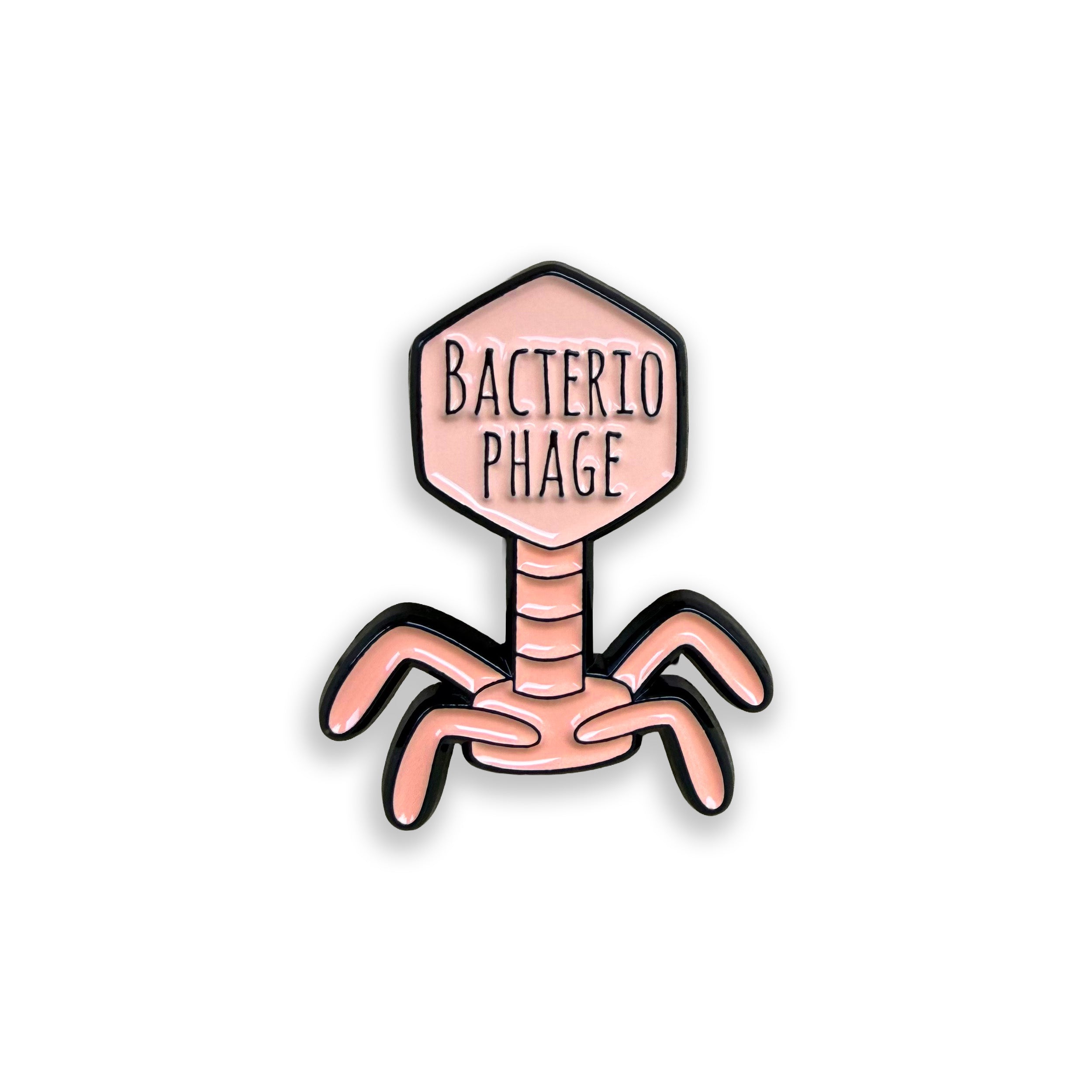 Enamel pin of a bacteriophage on a white background
