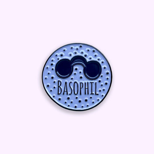Round blue and black object with 'Basophil' text on a light purple background