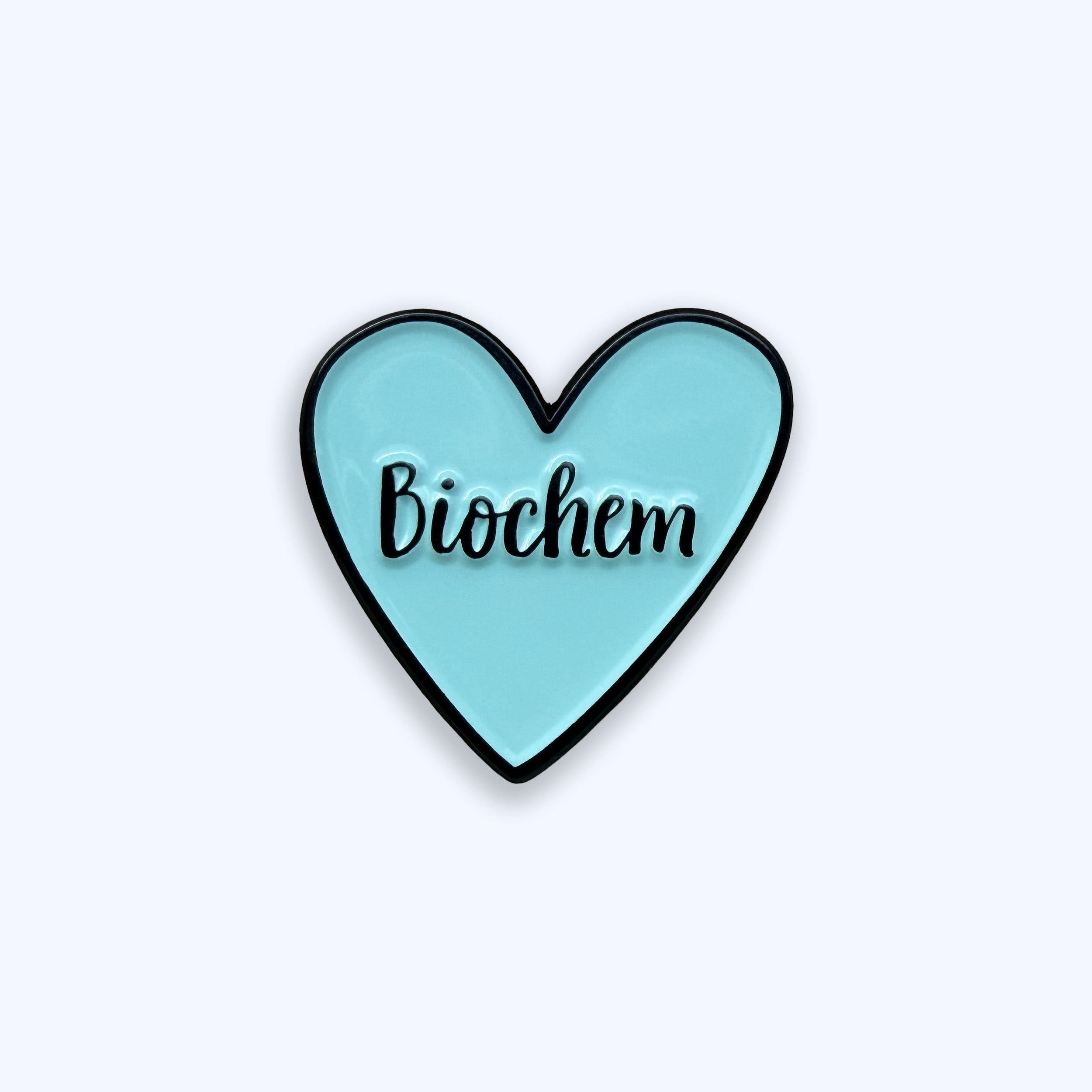 Heart-shaped blue sticker with 'Biochem' text on a blue background