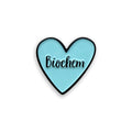 Heart-shaped blue sticker with 'Biochem' text on a white background