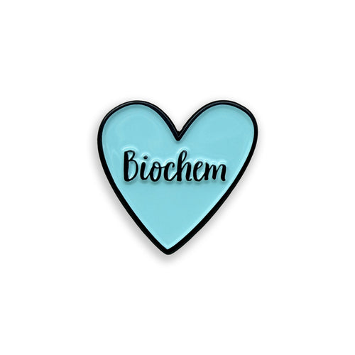 Heart-shaped blue sticker with 'Biochem' text on a white background
