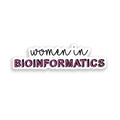 Sticker with 'women in BIOINFORMATICS' text on a white background