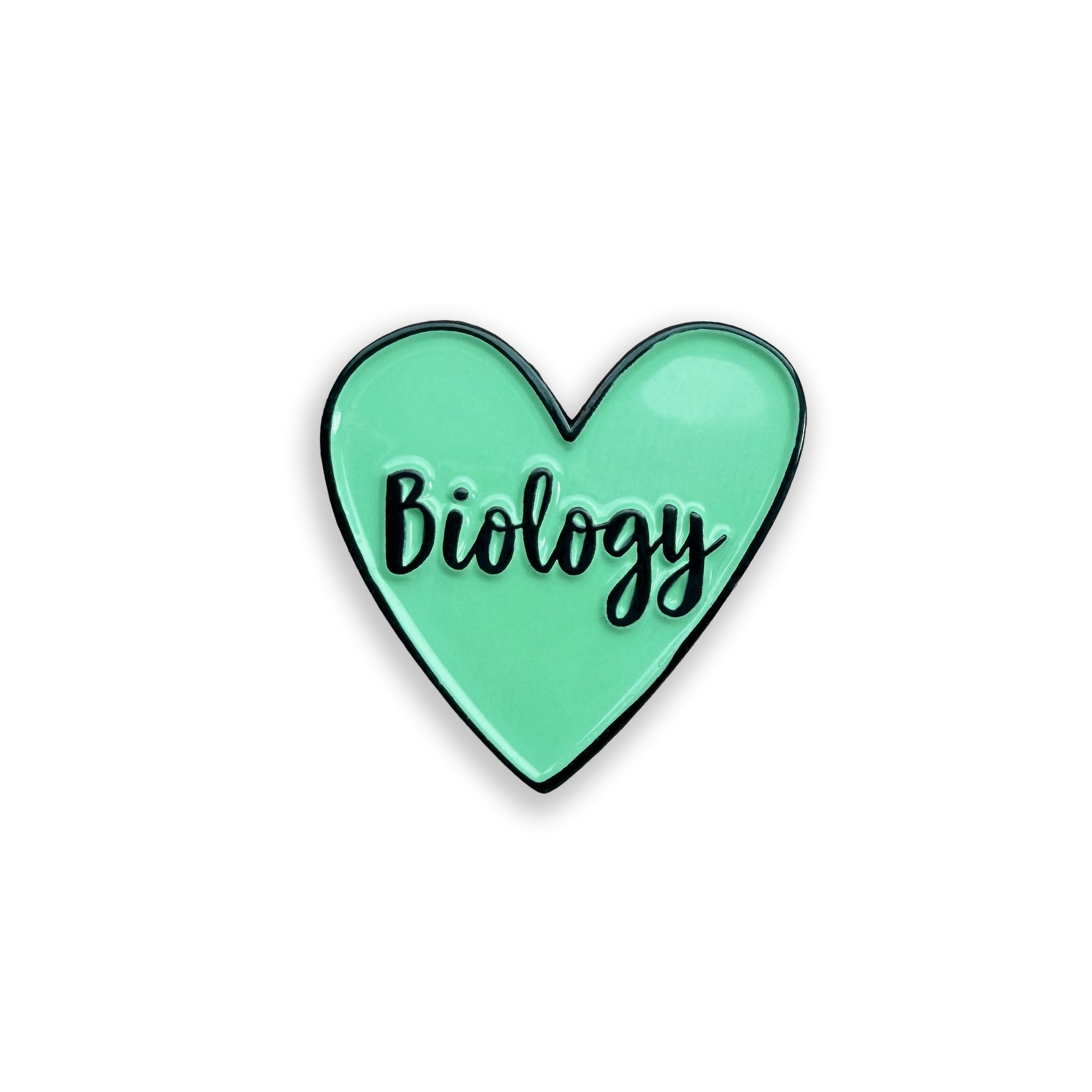 Heart-shaped pin with 'Biology' text on a white background