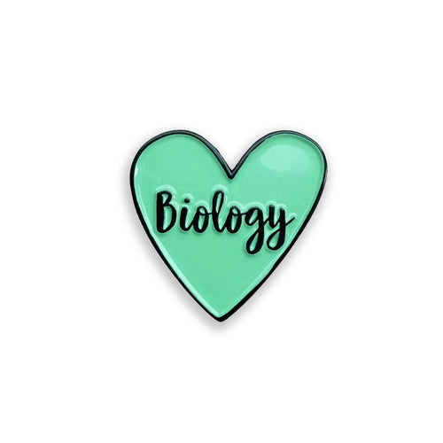 Heart-shaped pin with 'Biology' text on a white background