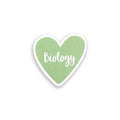 Heart-shaped sticker with 'Biology' text on a white background