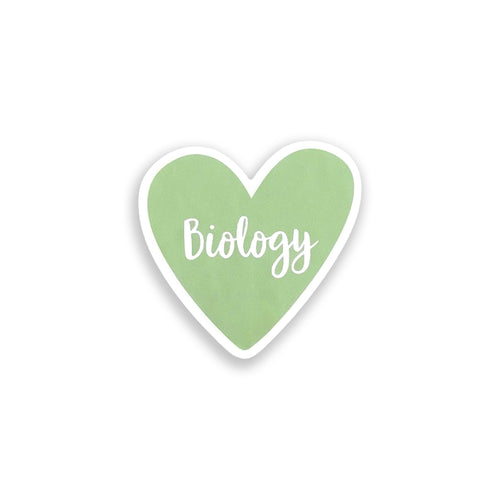 Heart-shaped sticker with 'Biology' text on a white background