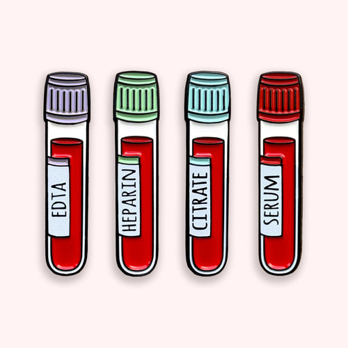 Four test tubes labeled EDTA, Heparin, Citrate, and Serum on a pink background.