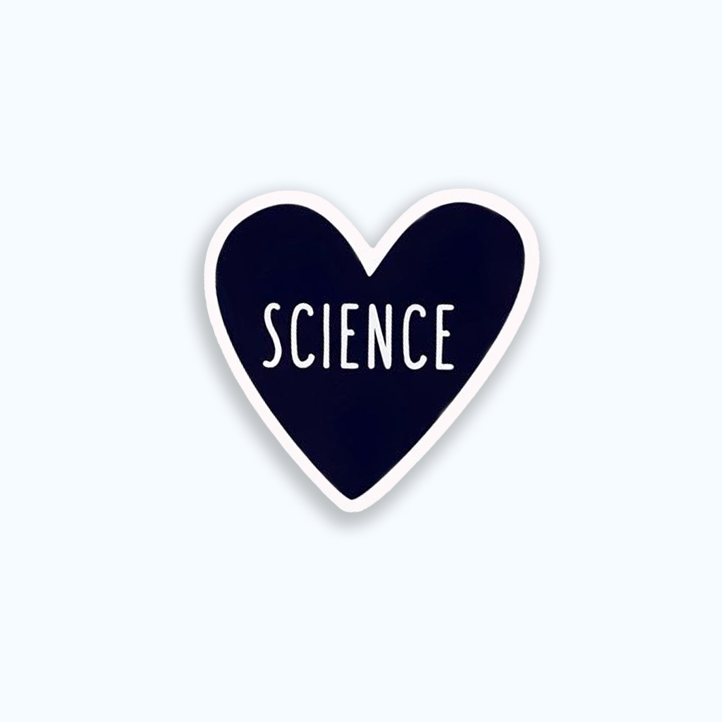 Heart-shaped sticker with 'SCIENCE' text on a blue background