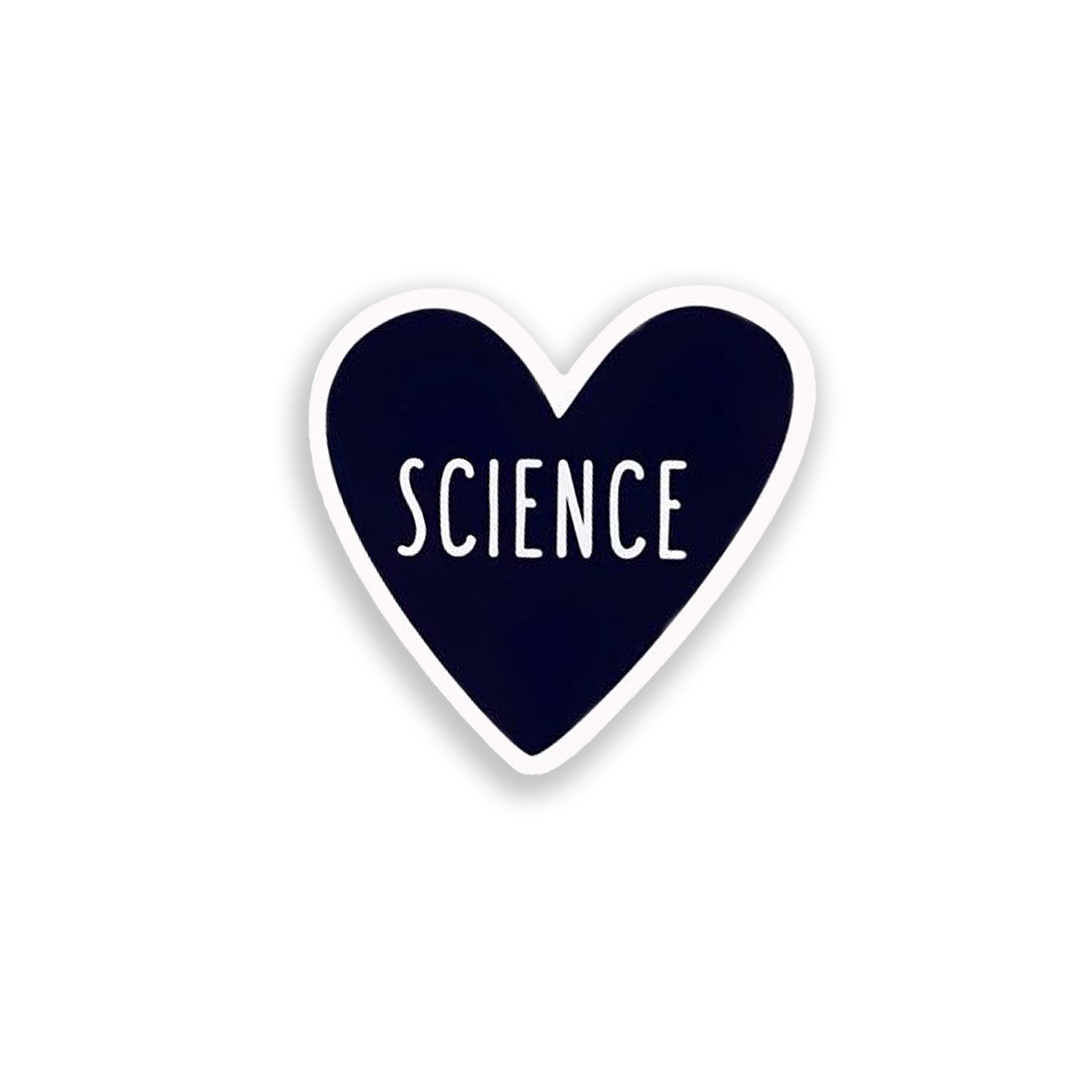 Navy blue heart-shaped sticker with 'SCIENCE' text on a white background