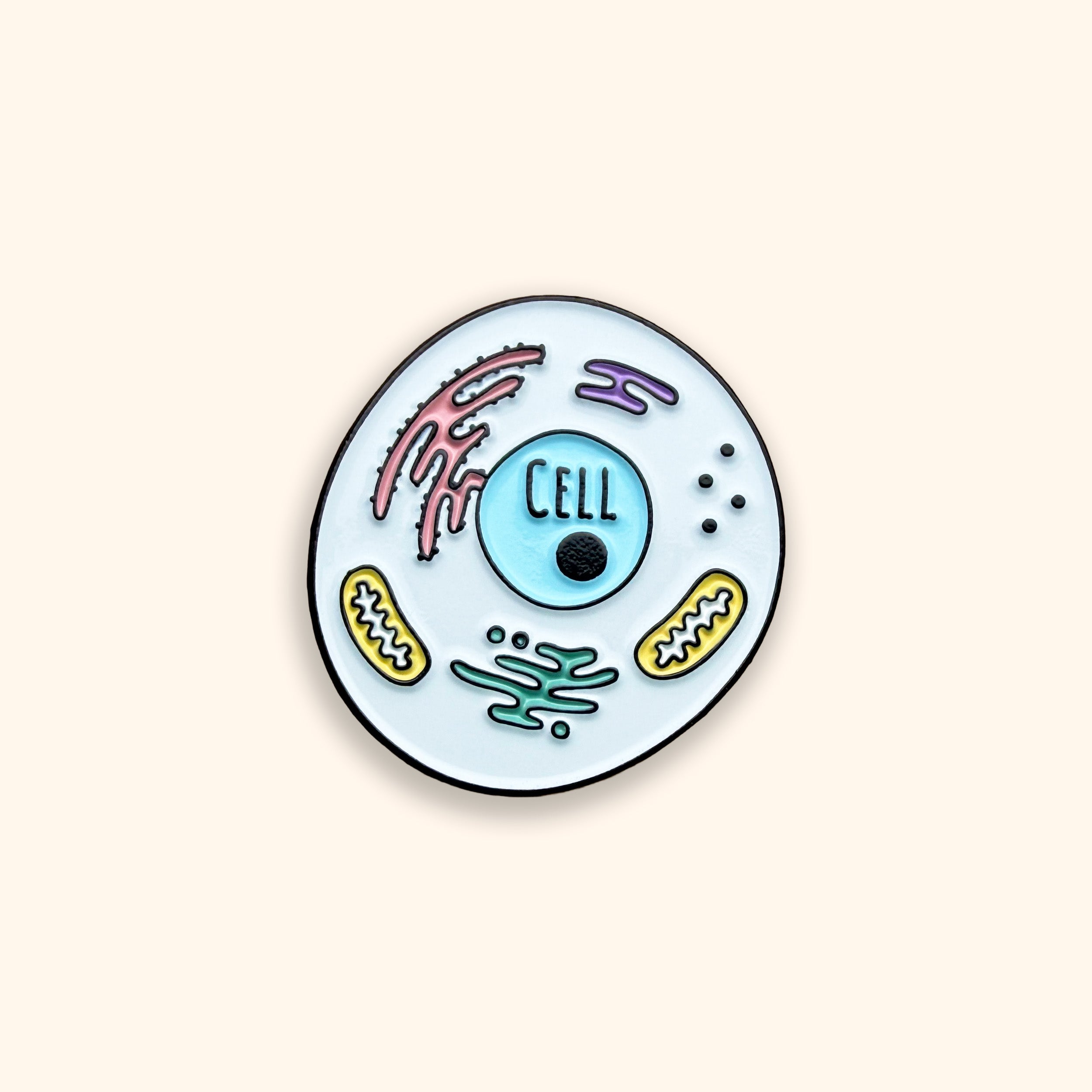 Pin with a colorful illustration of a cell on a beige background