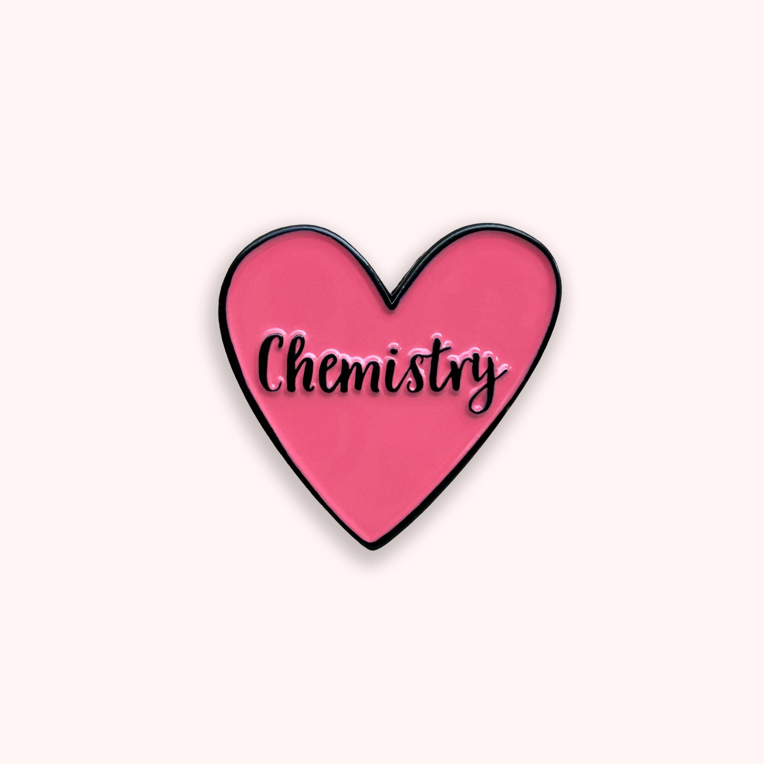  I Love Chemistry pink enamel pin badge on pink background