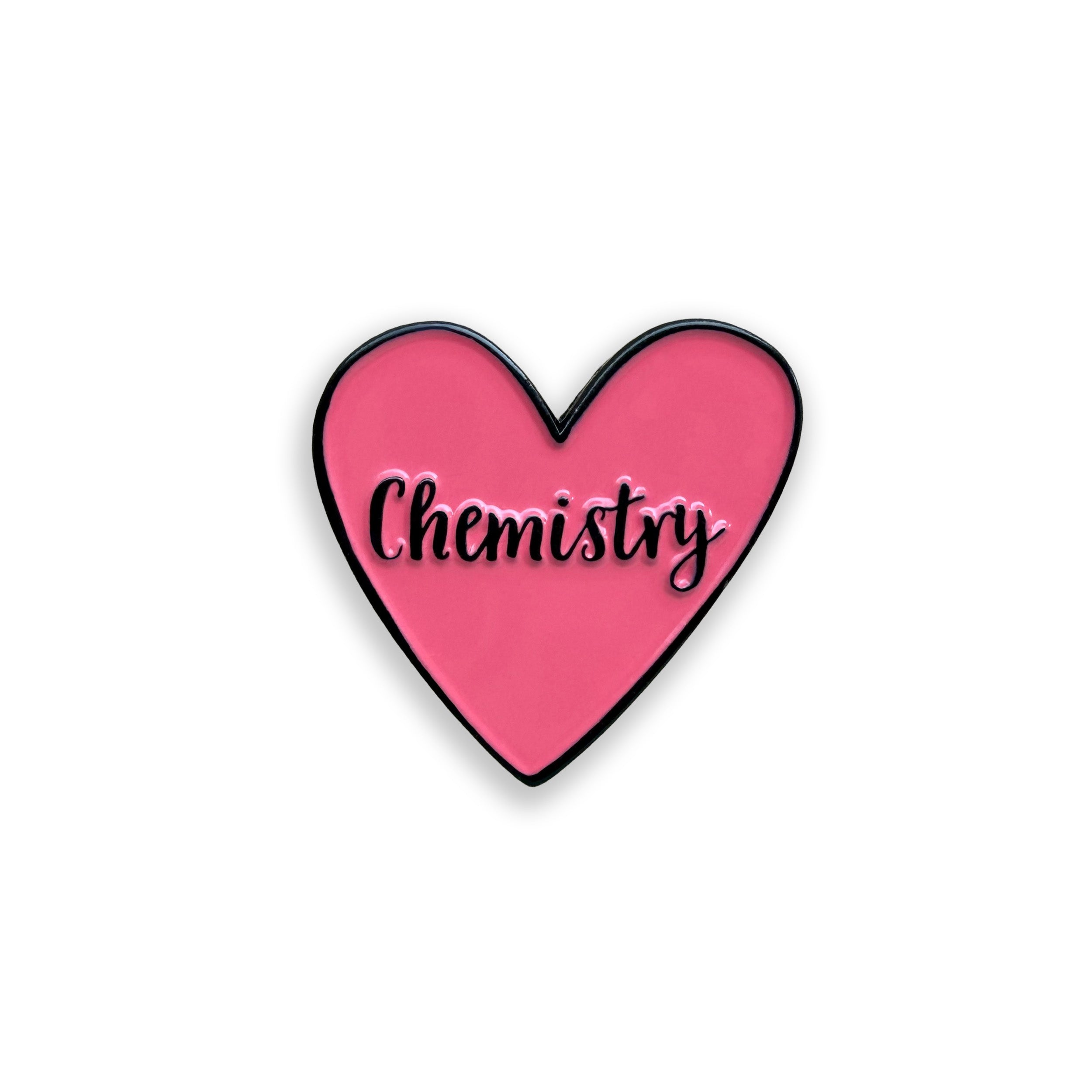  I Love Chemistry pink enamel pin badge on white background