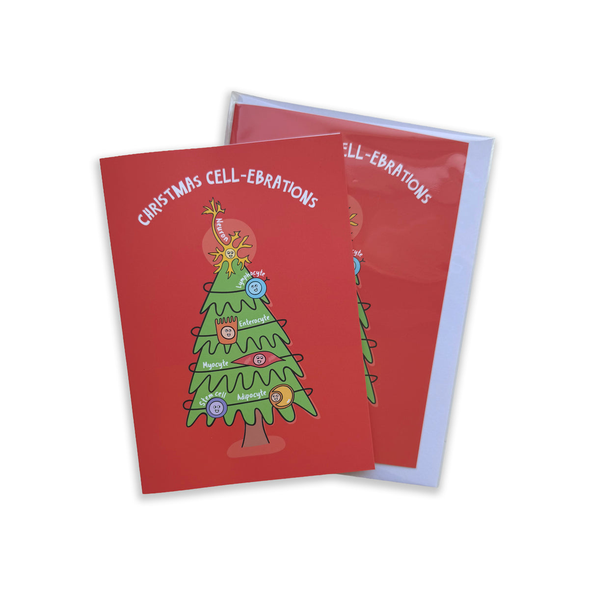 A Christmas-themed greeting card with a red cover featuring a cartoon Christmas tree and the text 'CHRISTMAS CELL-EBRATIONS,' shown with a matching red envelope behind it on a white background.