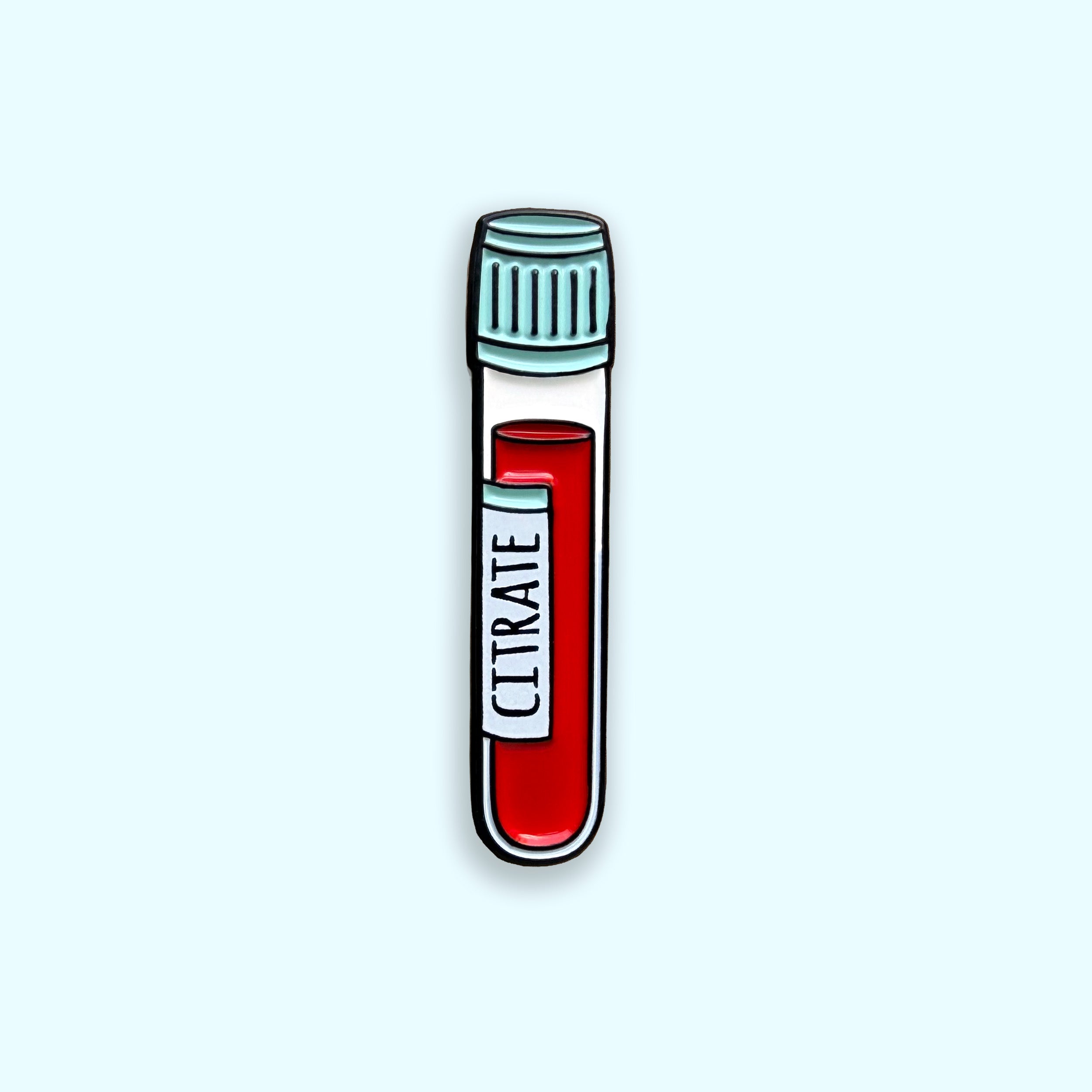 Citrate light blue top blood tube enamel pin badge on blue background