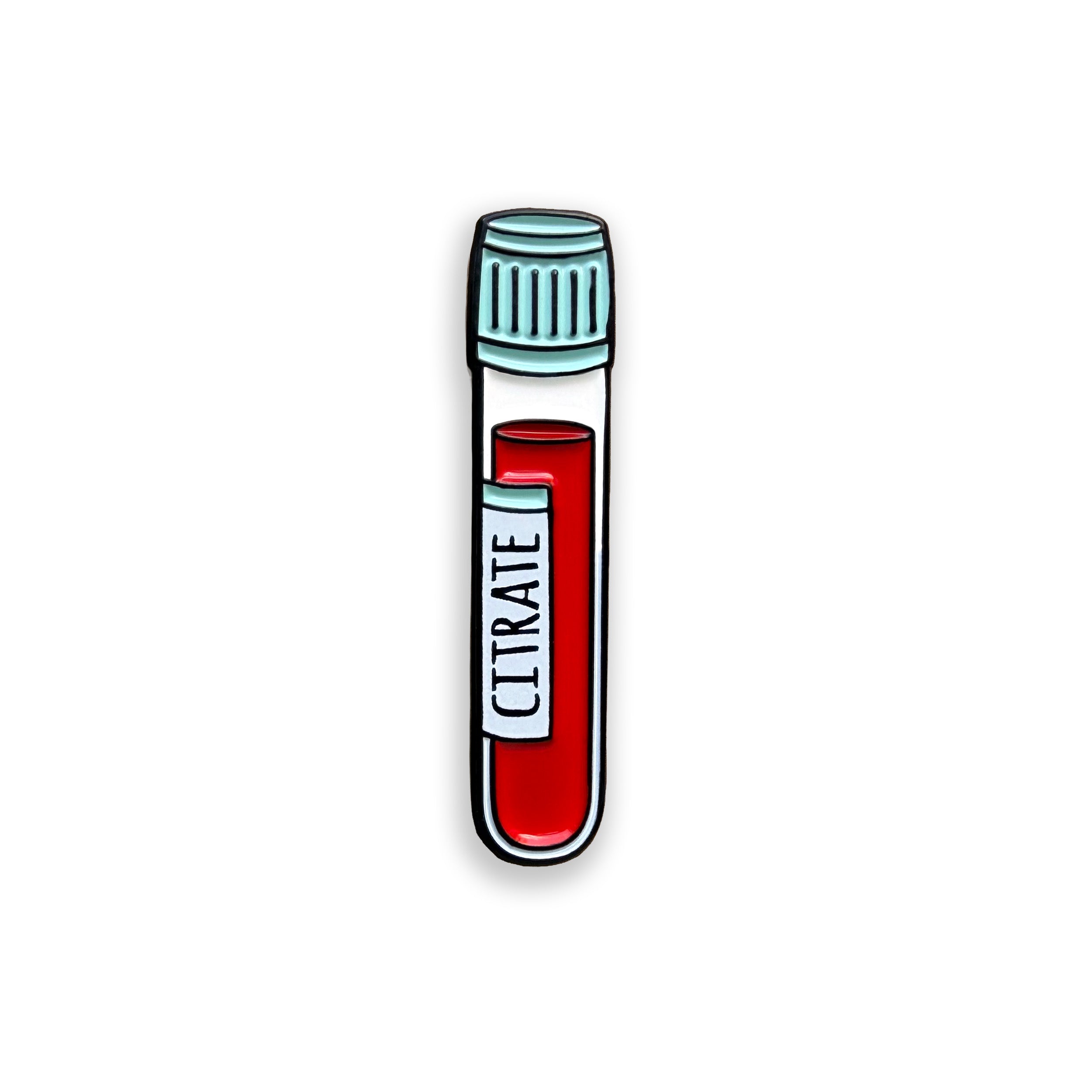 Citrate light blue top blood tube enamel pin badge on white background