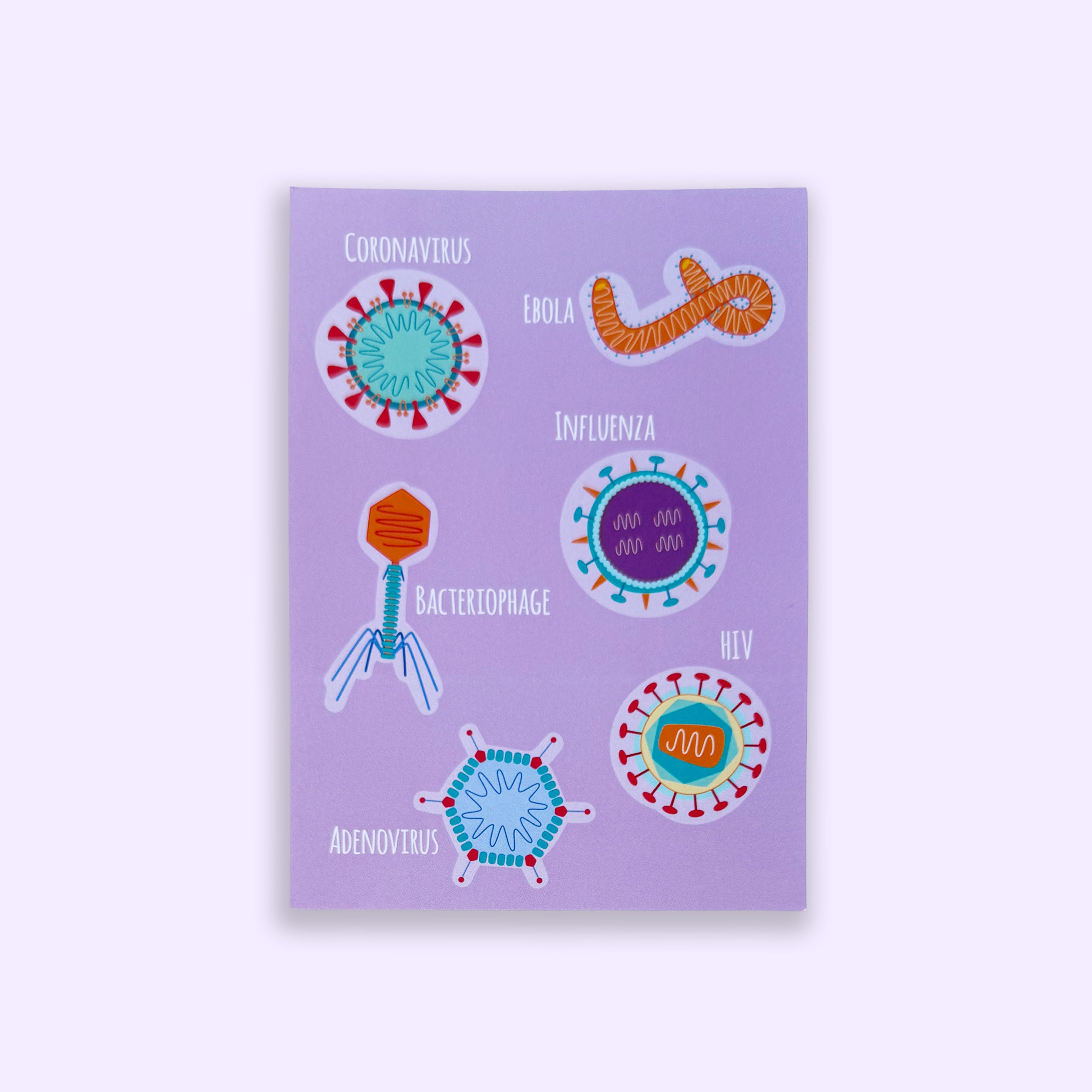 Virology A6 print with colourful illustrated viruses on purple background