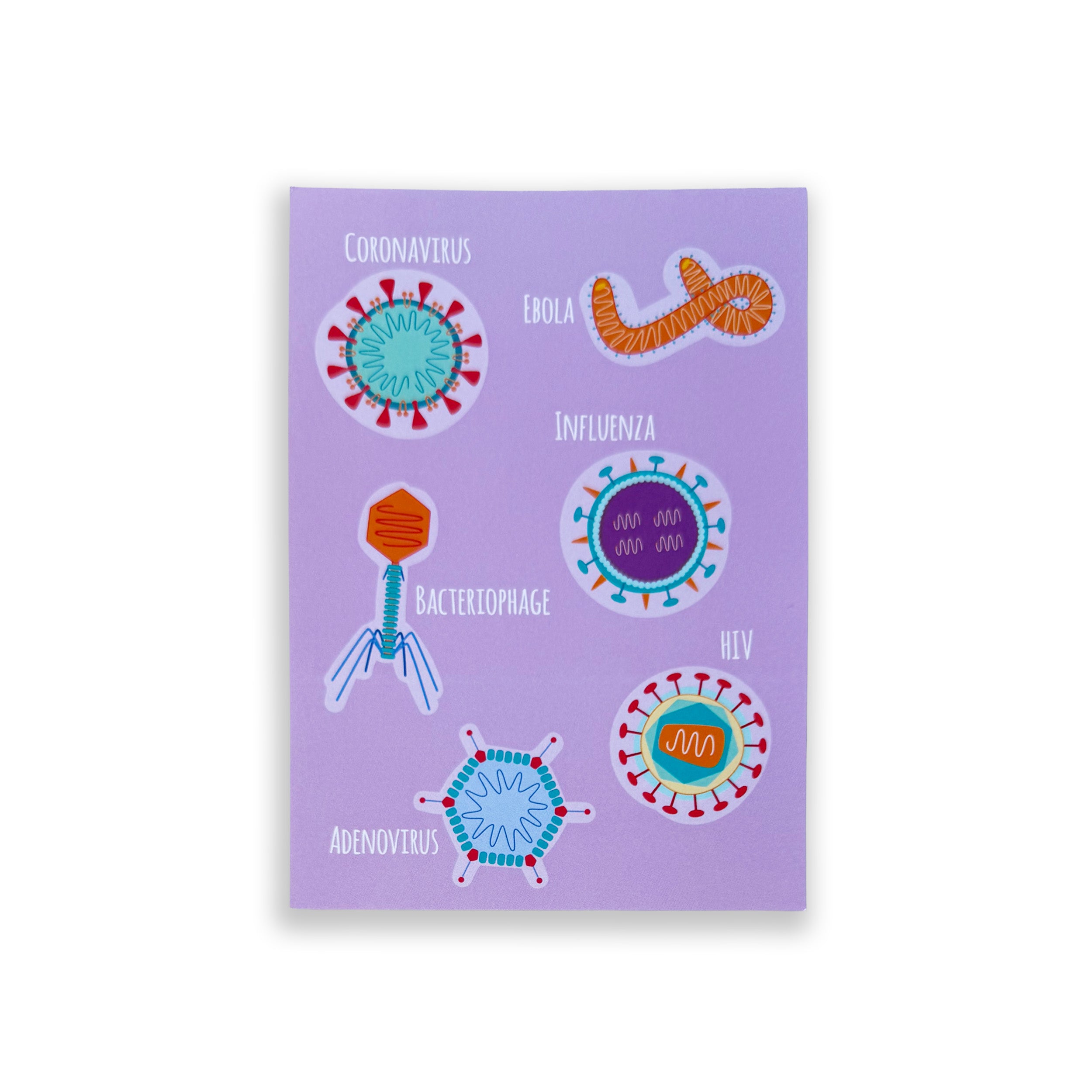 Virology A6 print with colourful illustrated viruses on white background