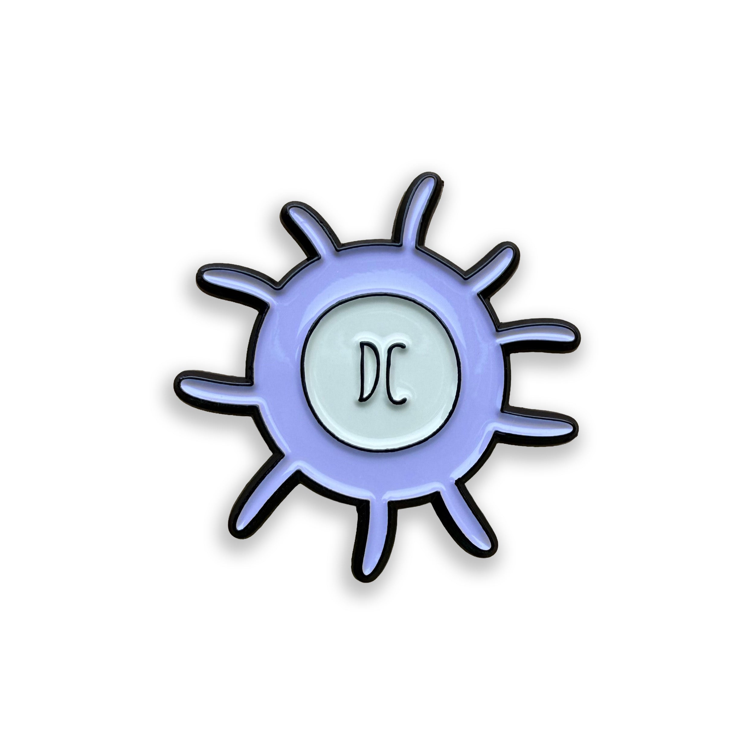Dendritic cell purple and grey enamel pin badge on a white background