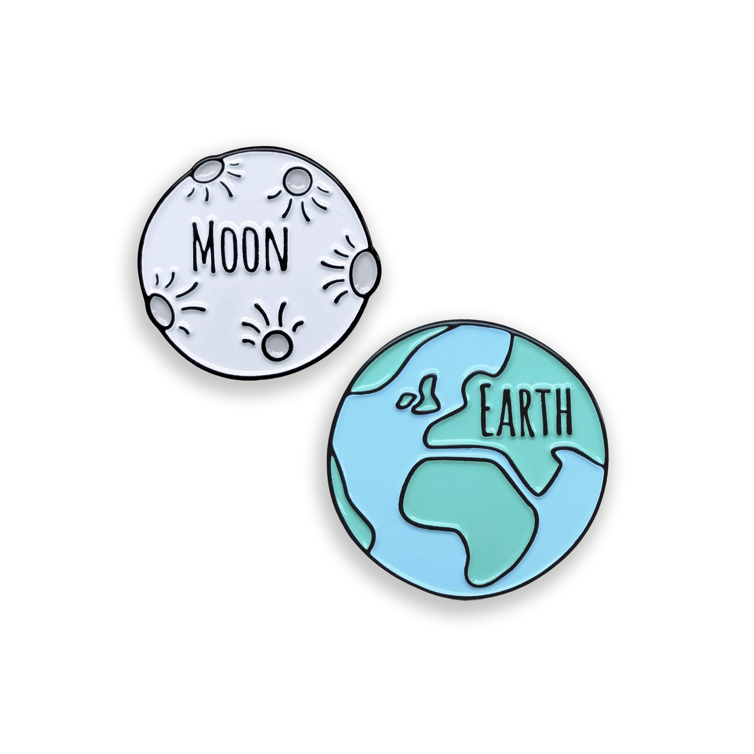 Earth and Moon enamel pin set on white background