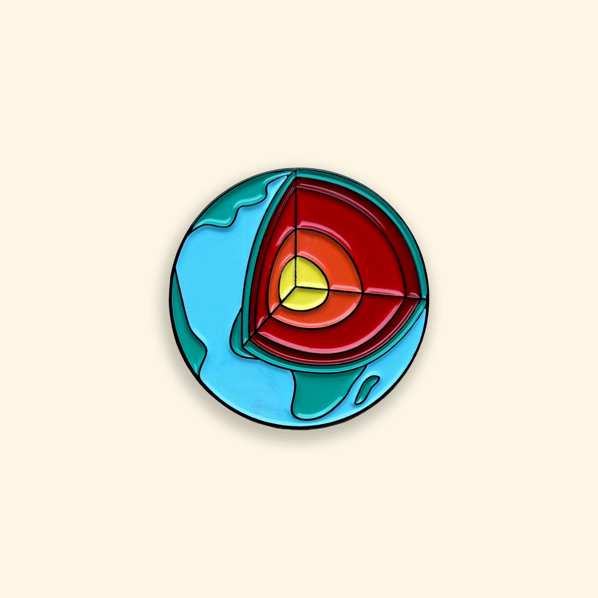 Earth's layers colourful enamel pin badge on yellow background