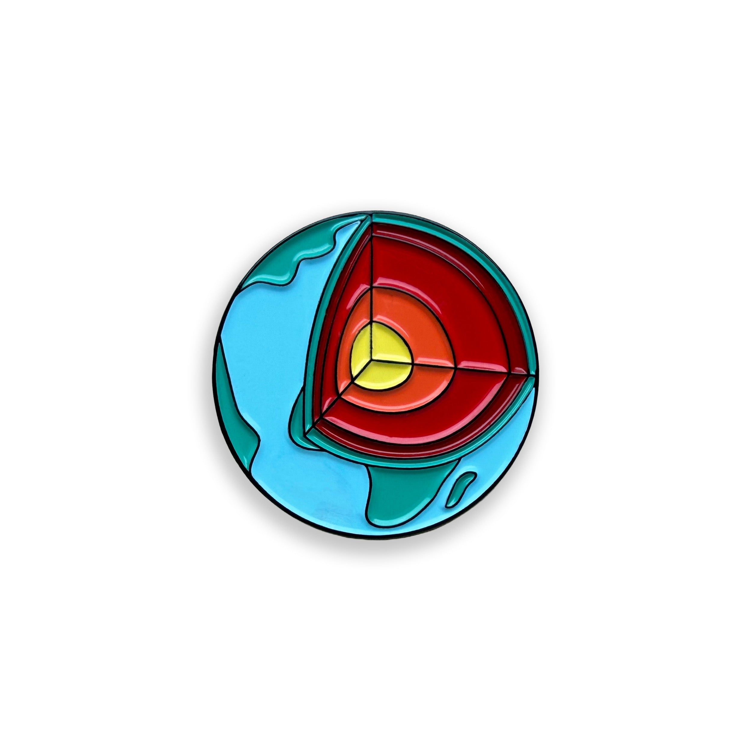 Earth's layers colourful enamel pin badge on white background
