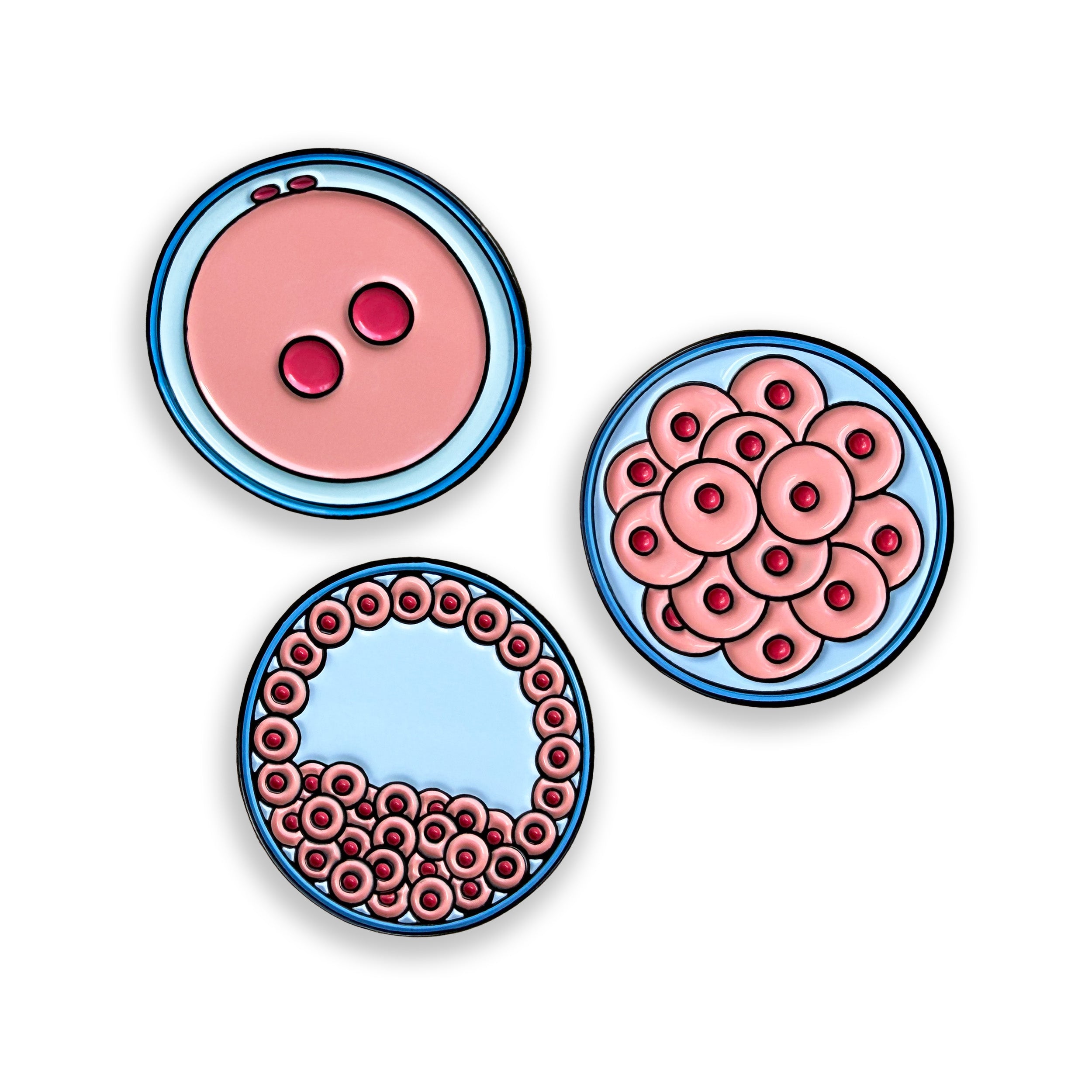 Embryo development enamel pin set featuring zygote morula and blastocyst on white background