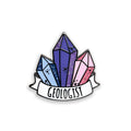 Geologist blue purple and pink glitter enamel pin badge on white background