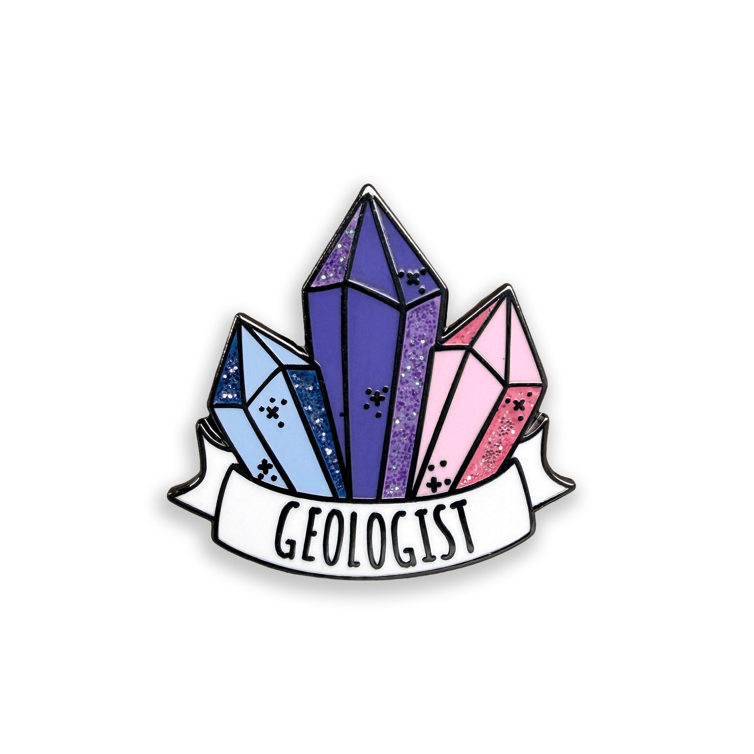 Geologist blue purple and pink glitter enamel pin badge on white background