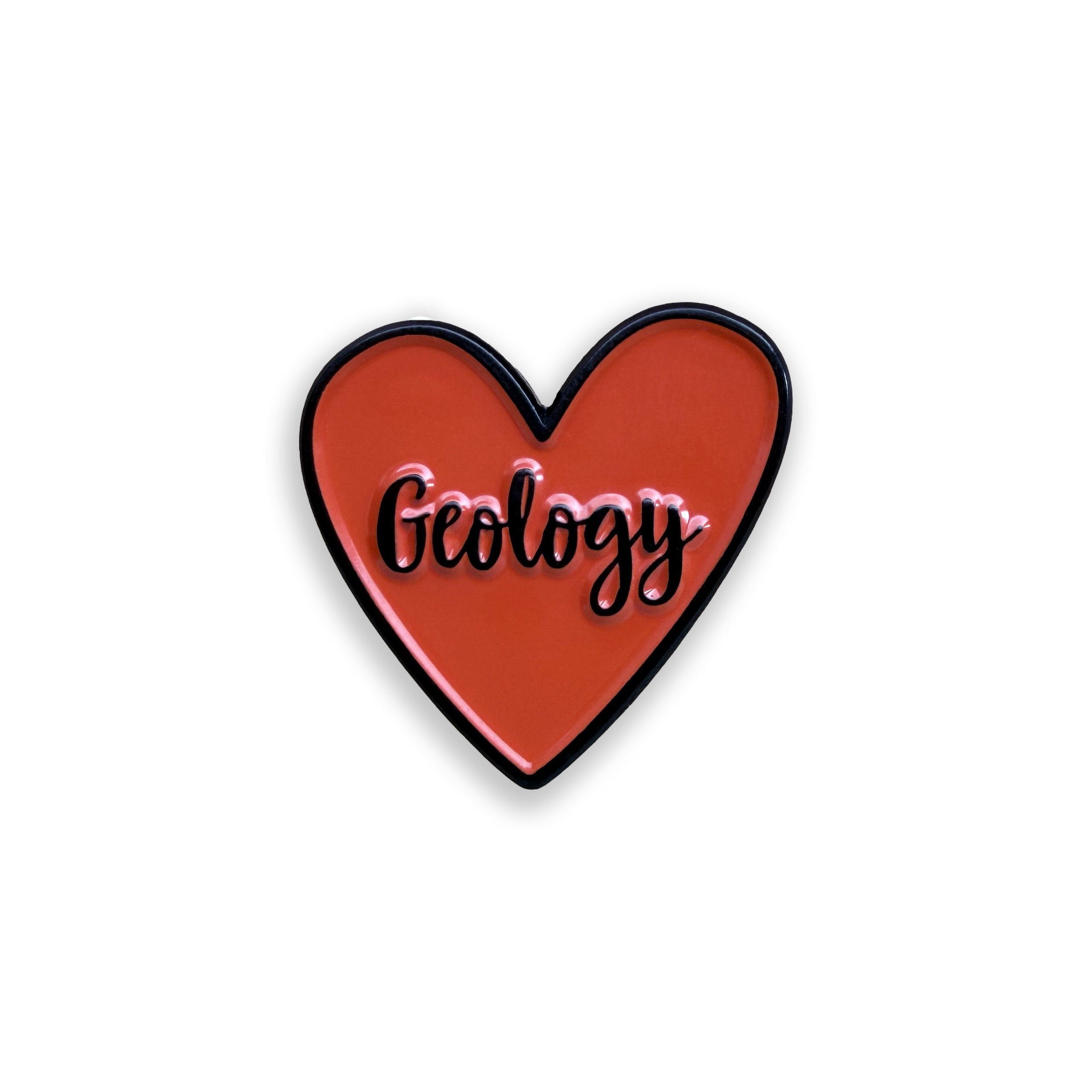 Heart-shaped pin with 'Geology' text on a white background