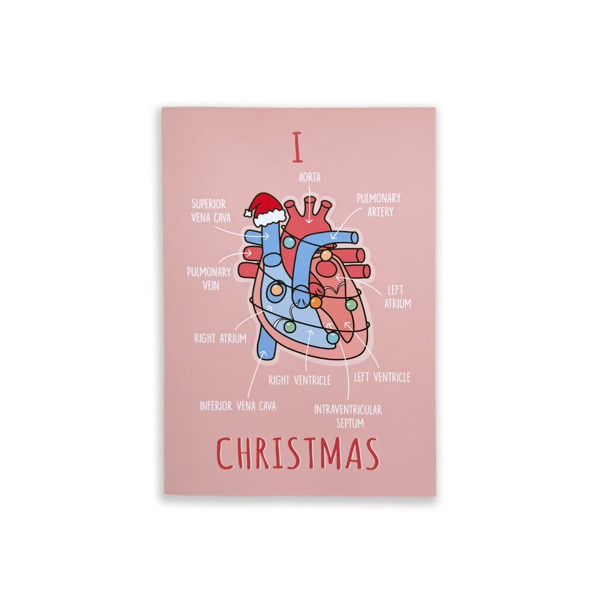 A pink rectangular art print featuring a labeled anatomical heart illustration with Christmas-themed red accents and the word 'CHRISTMAS' at the bottom, shown against a light gray background.