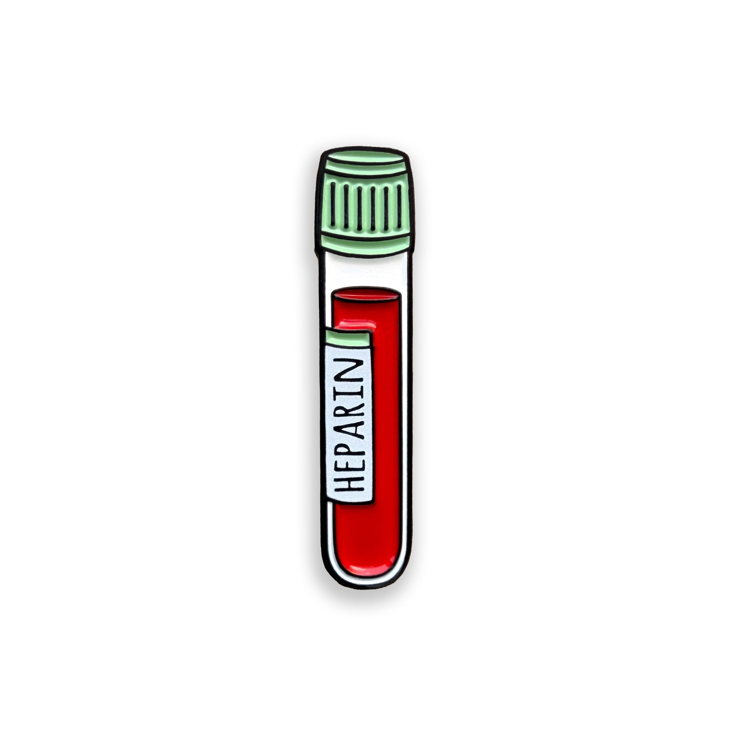 Heparin green top blood tube enamel pin badge on white background