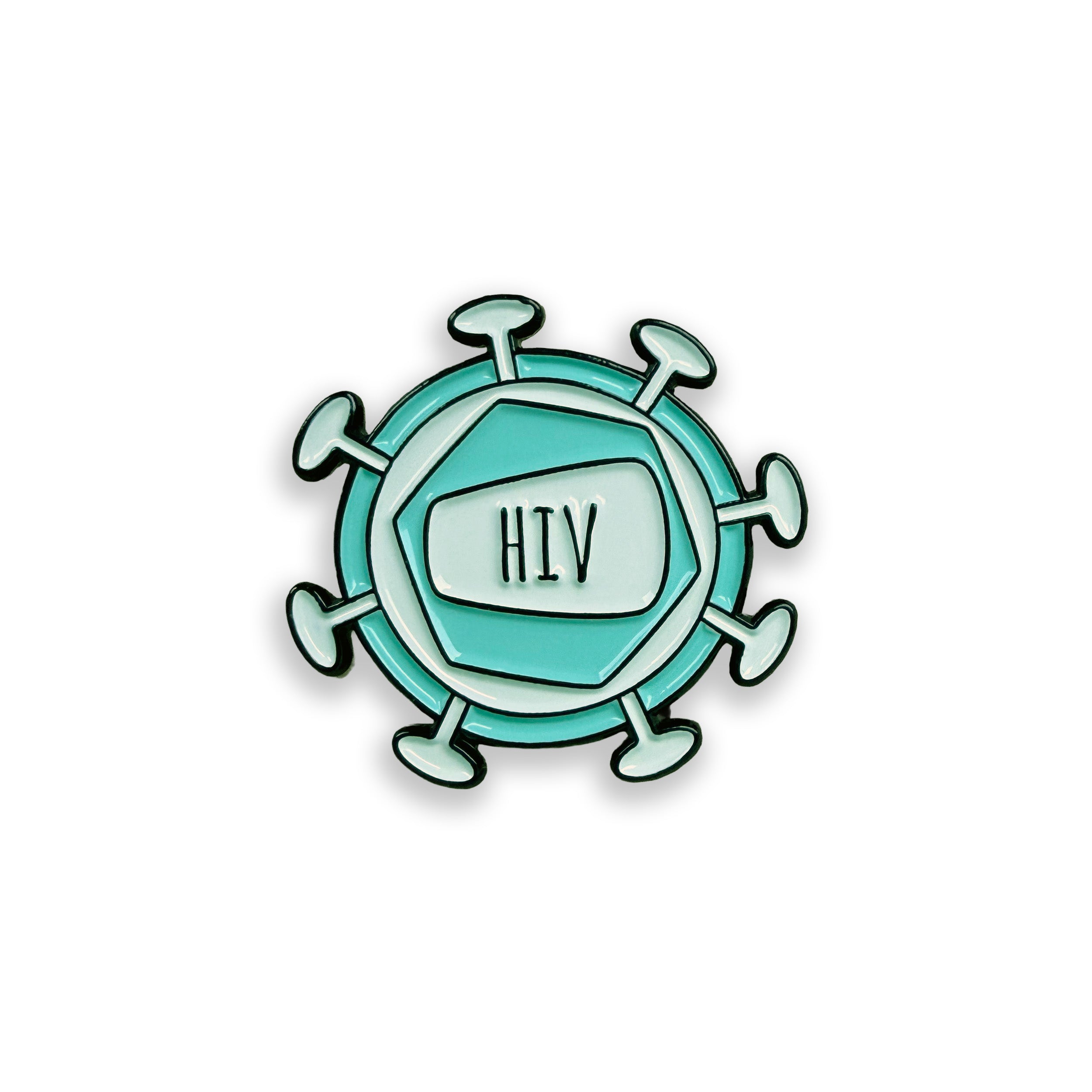 Pin with HIV virus design on a white background