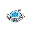 Pin with 'IMMUNOLOGIST' text and a blue globe design on a white background